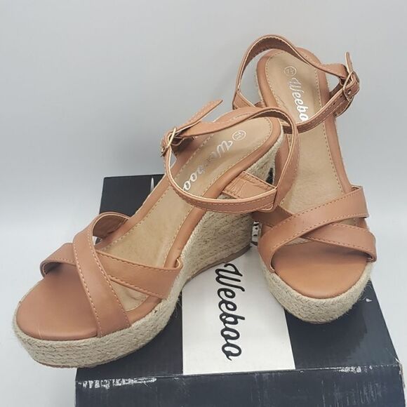 Weeboo Tan Mid High Heel Wedge Strappy Buckle Espadrille Sandals Size 7.5 - Picture 1 of 17